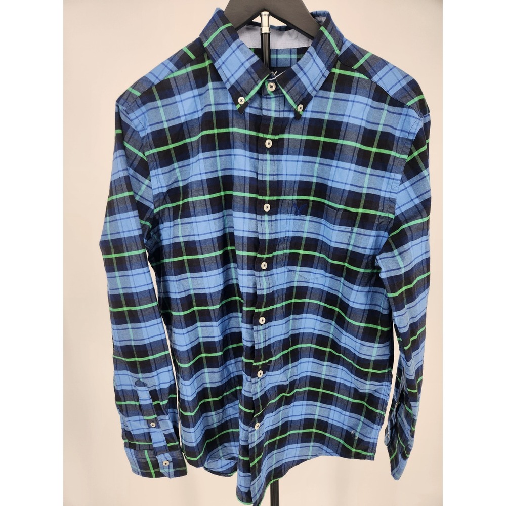American‎ Eagle Mens Classic Fit Plaid Button Down Shirt Blue Green Large L/G